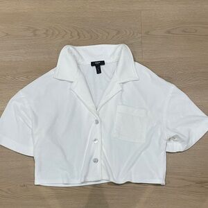 Aqua White Cropped Button-Up Camp Collar Shirt